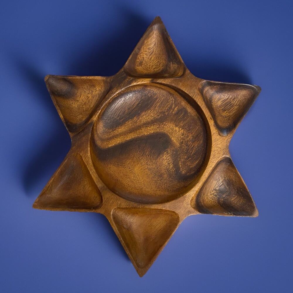 Vintage Midcentury Monkey Pod Wood Carved Six Point Star Dish 11.5" Diameter